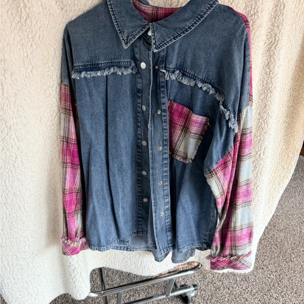 Denim and Plaid Button-Up Shirt